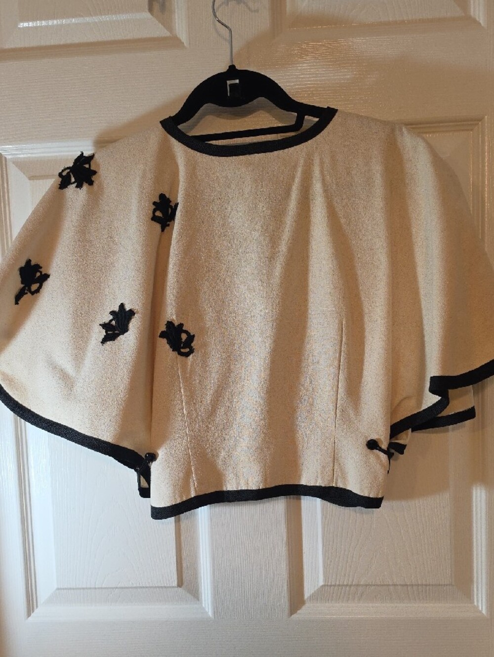 Vintage Embroidered Cream Cropped Top with Black Trim
